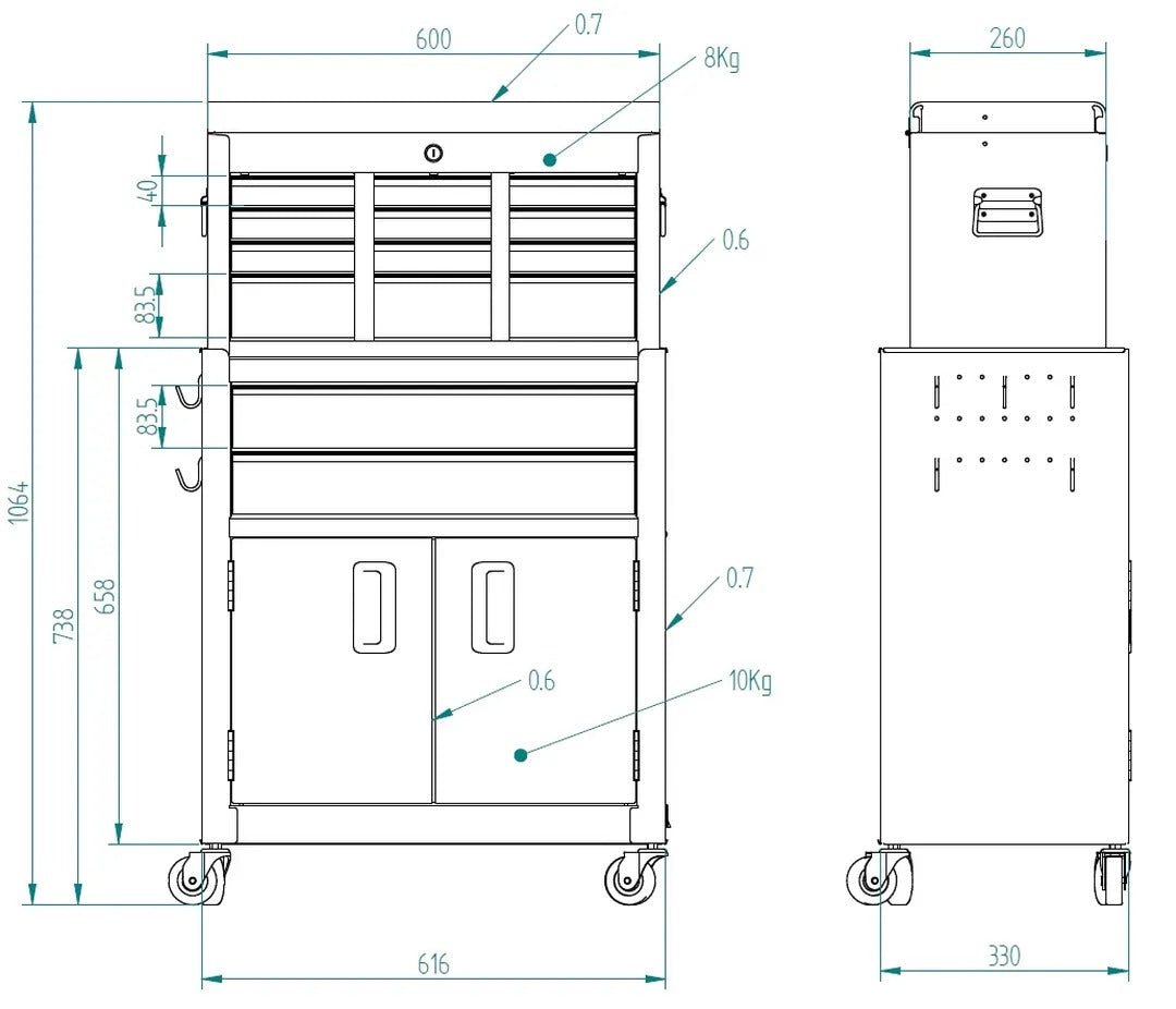 Carrello-armadietto metallico portautensili porta attrezzi multifunzione 2 pezzi-doppio con 8 cassetti e ruote mobile grigio HBM Premium Olanda organizzatore per officina garage