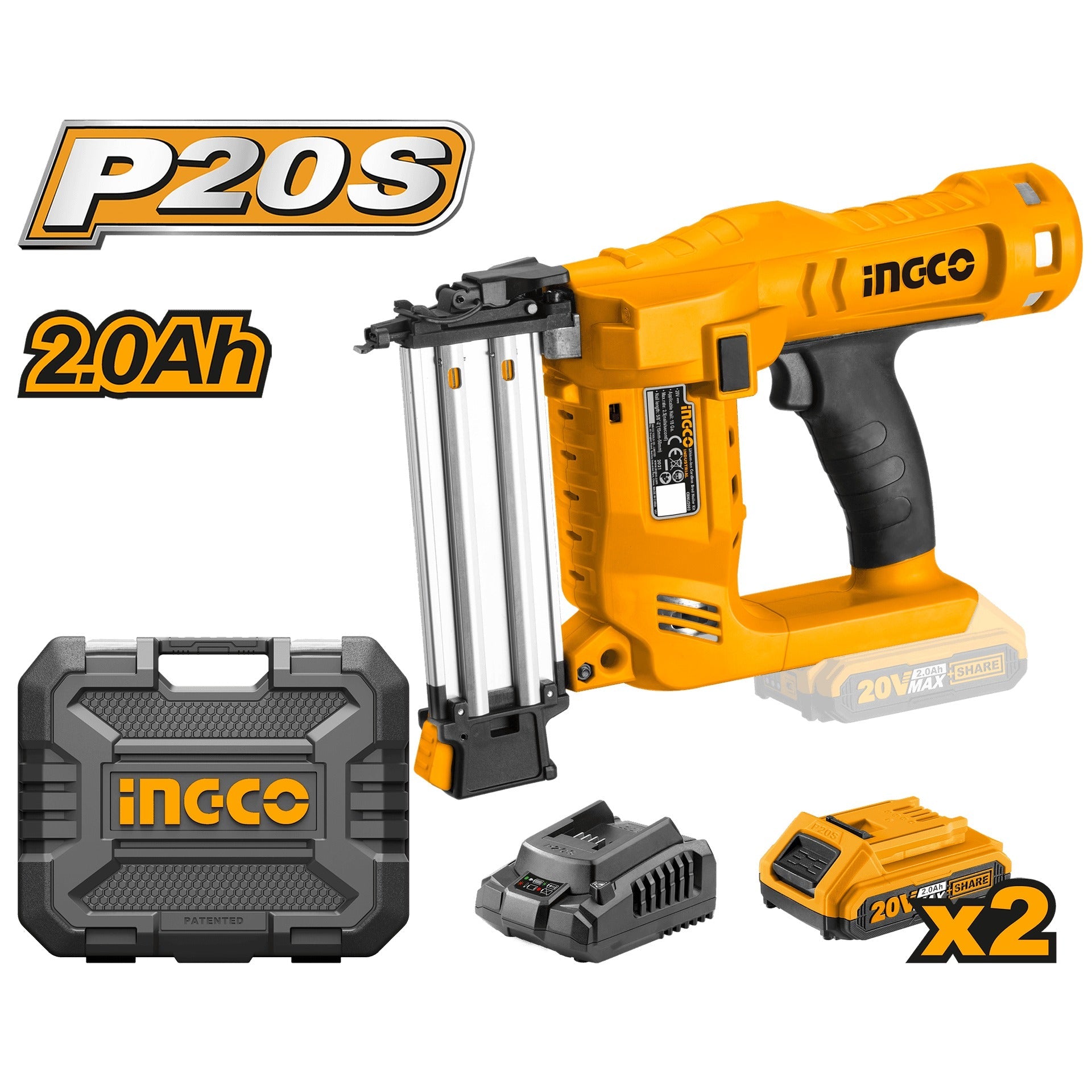 Sparachiodi elettrica, pistola graffettatrice, chiodatrice elettrica con 2 batterie 2 Ah e caricabatterie 20V, preselezione elettronica della forza di impatto, naso di sicurezza, per diy tappezzeria, falegnameria e lavorazione del legno