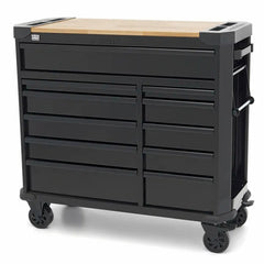 Carrello portautensili metallico professionale officina con 11 cassetti e ruote-mobile 109 cm con piano di lavoro in legno massiccio HBM Machines