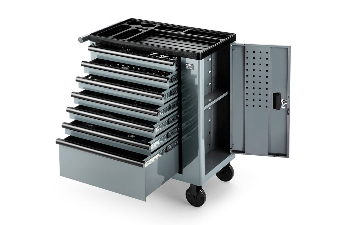 Carrello completo di attrezzi professionale Hbm,set 262 pezzi con 7 cassetti 6 scomparti e ruote da officina Carbon premium Olanda