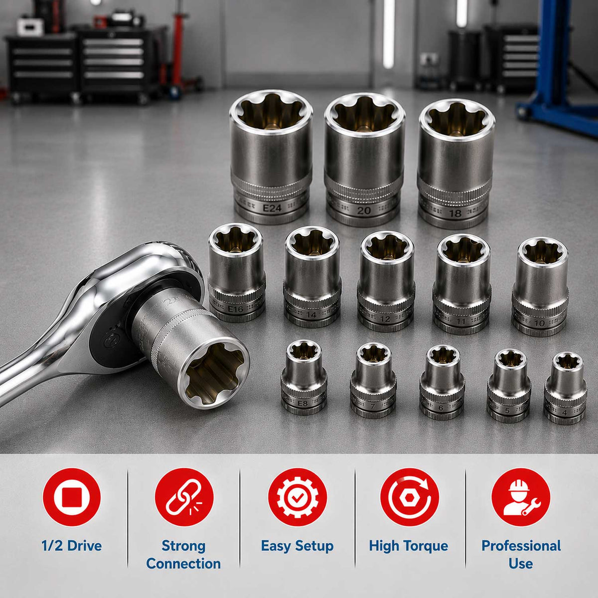 Set-kit bussole E-Torx, 1/2" 1/4" 3/8", E4-E24 ,14 pezzi Gebo Tools