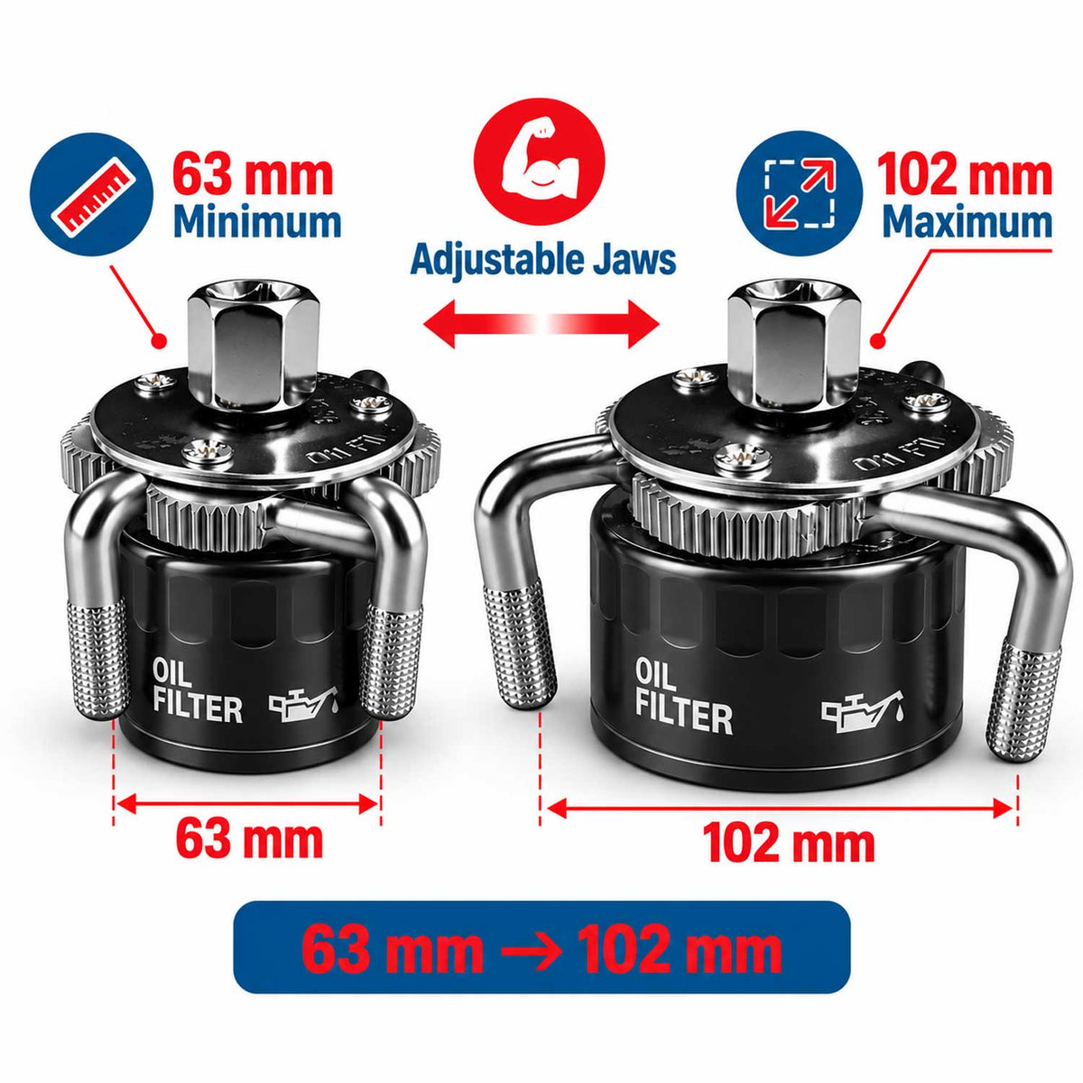 Chiave per la rimozione del filtro dell'olio, strumento a 3 griffe-ganasce-bracci, regolabile, 3/4'', adattatore universale interno-esterno da 1/2" a 3/9",diametro 63–102 mm modello 1 Gebo Tools