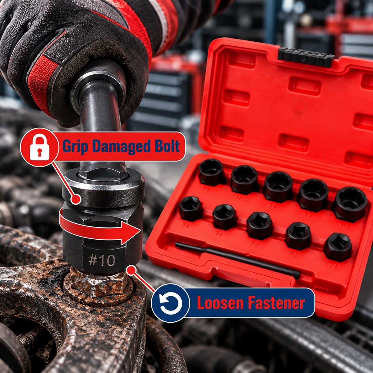 Set bussole per rimozione viti e bulloni danneggiati,9–19 mm, 11 pezzi, Gebo Tools