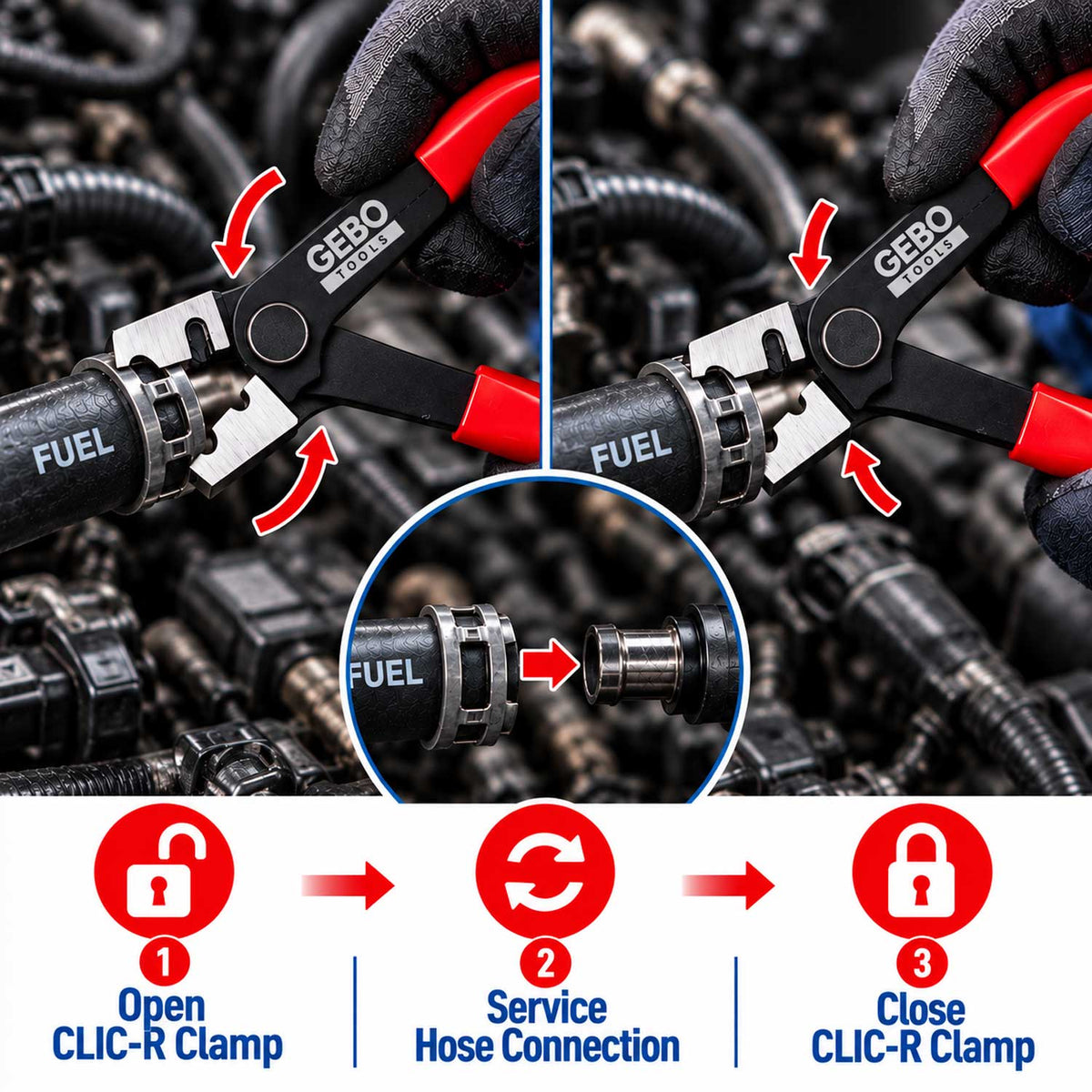 Pinza Clic-R per fascette e condotti auto, a scatto, pinze stringitubo Gebo Tools