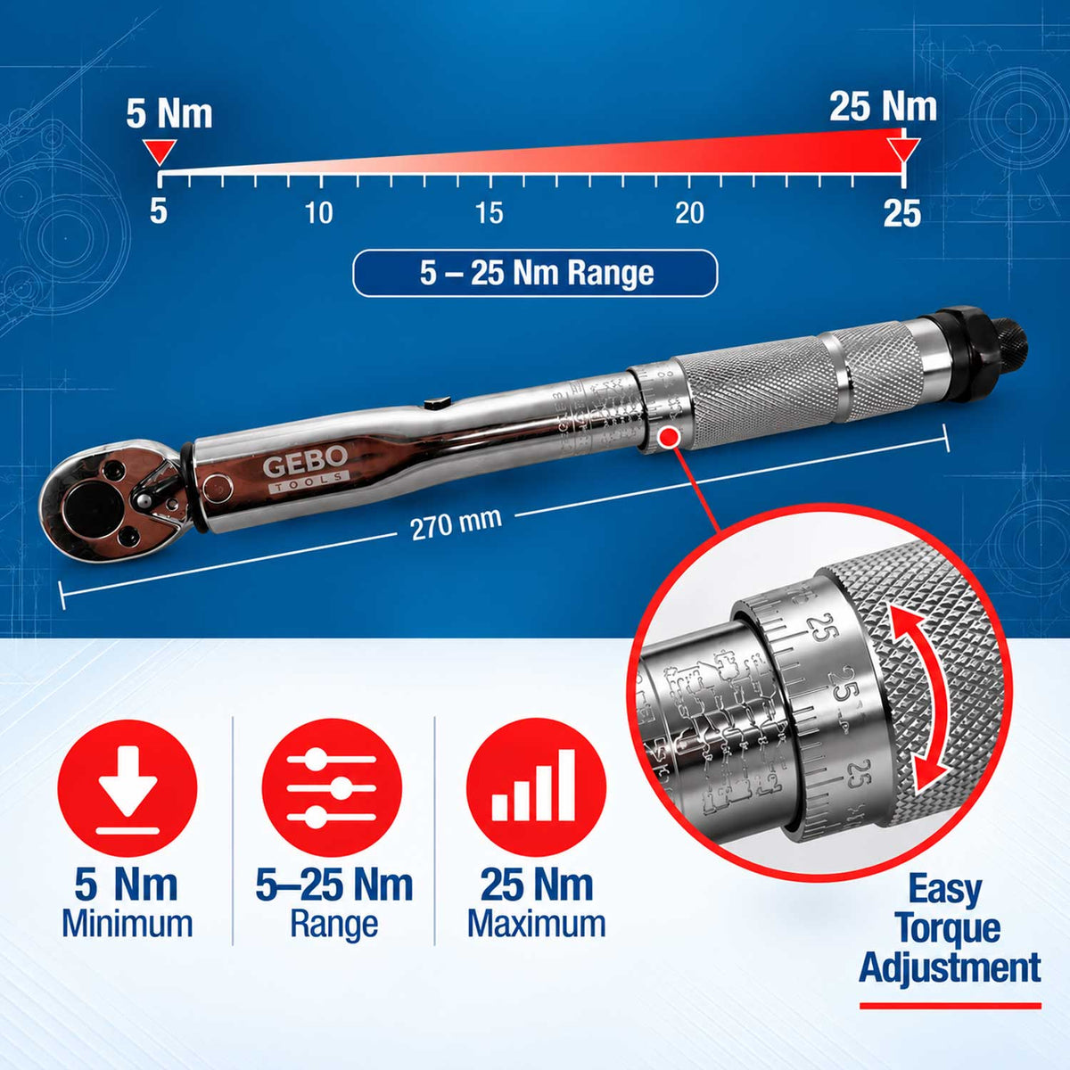 Chiave dinamometrica 1/4'' 5-25 Nm Gebo Tools