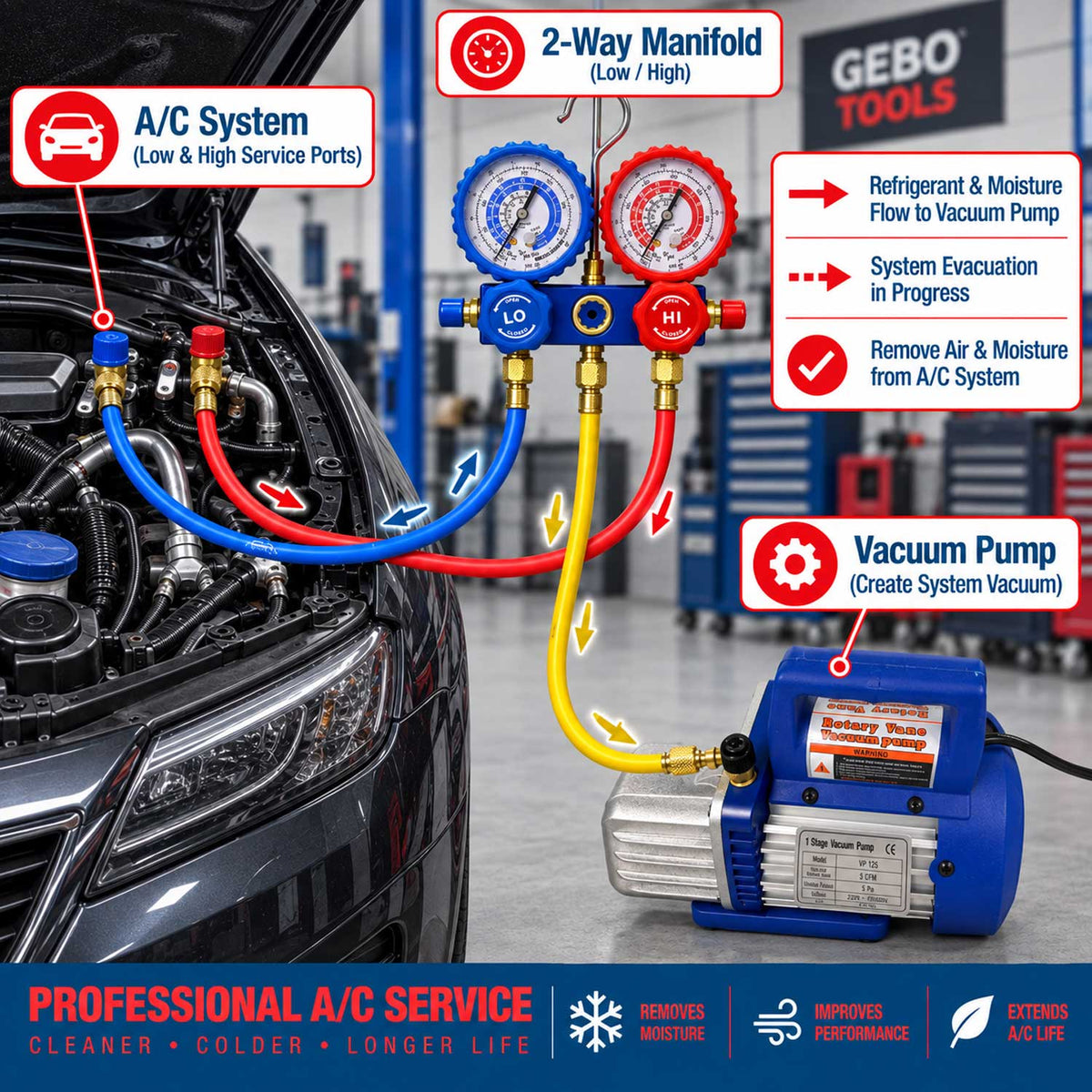 Set-kit pompa vuoto per condizionatori con manometri per HVAC/auto AC, ricarica aria condizionata per R134a, R22, R12 R502 refrigeranti,  70l/min a 2 vie, Gebo Tools