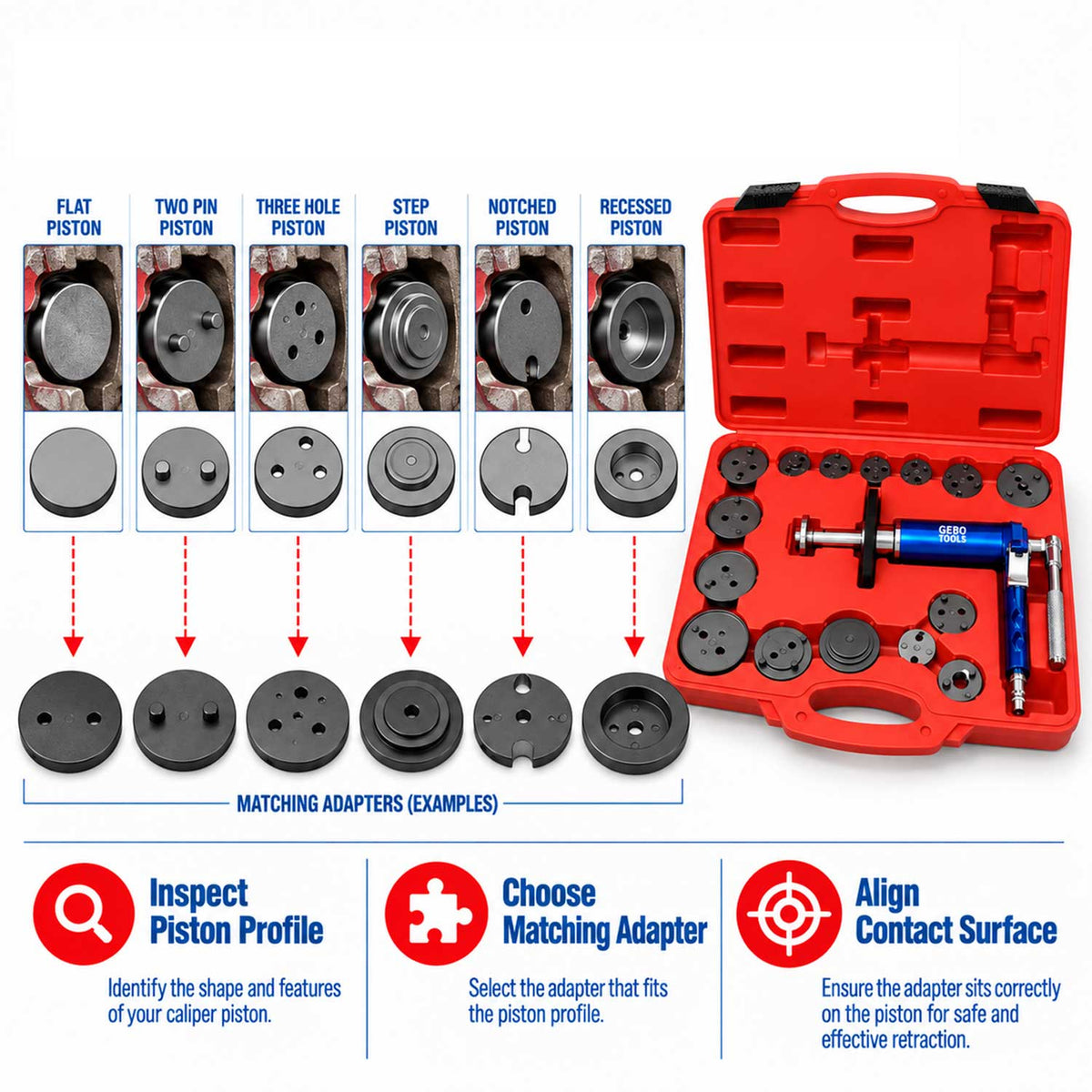 Set-kit pressa pneumatica per pistoncini delle pinze freno, divaricatore per pastiglie dei freni per auto, strumenti per la retrazione del pistone 16 pezzi Gebo Tools