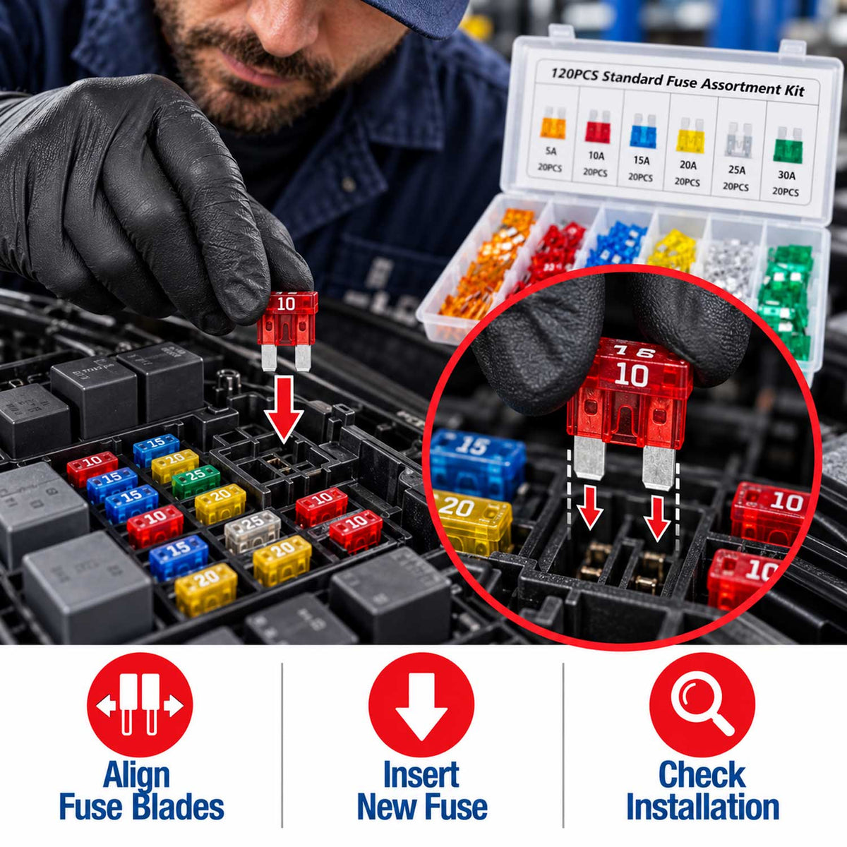 Set-kit mini fusibili auto, assortiti per camper/camion/moto, 5-30, 120 pezzi Gebo Tools