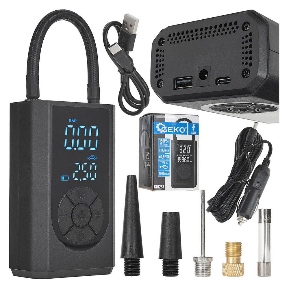 4000mAh mini compressore aria portatile 150psi gonfiatore elettrico con batteria ricaricabile, schermo LCD digitale, pompa per bicicletta, auto, moto, monopattino, palloni, 84 W con accessori, Geko