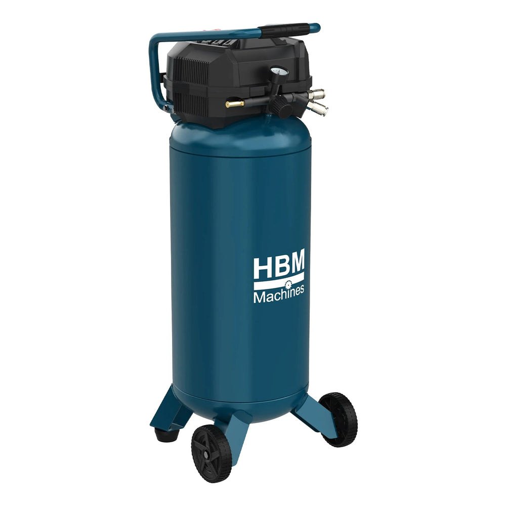 Compressore 240 V, 1500 W, serbatoio aria verticale 50 litri, max 10 Bar, portata 180 l/min, cilindri 1, autolubrificato -no olio, carrelato e con maniglia – manutenzione ridotta Hbm Olanda
