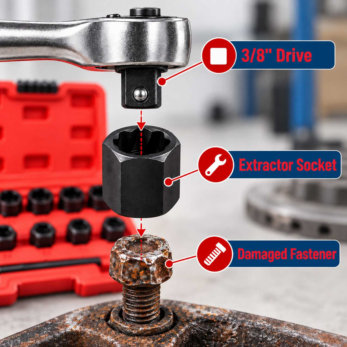 Set bussole per rimozione viti e bulloni danneggiati,9–19 mm, 11 pezzi, Gebo Tools