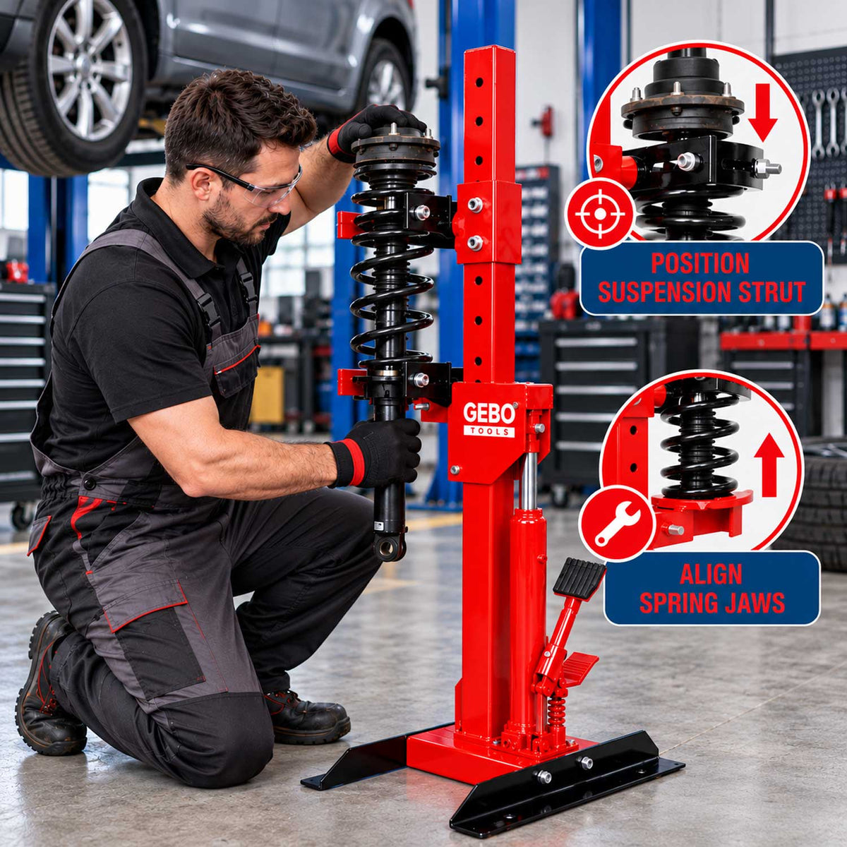 Compressore a molla idraulico professionale automatico elicoidale, per molle e ammortizzatori, 1 tonnellata Gebo Tools