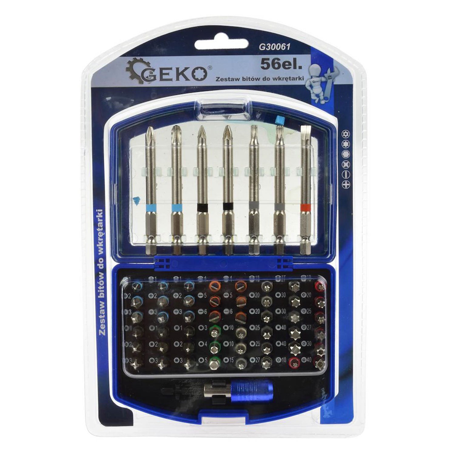 Set di punte e bit (con bit e portabit universale, accessorio per avvitatore a impulsi), set di bit di avvitamento, pH, PZ, S, H, Torx accessori trapano e cacciavite, 56 pezzi Geko