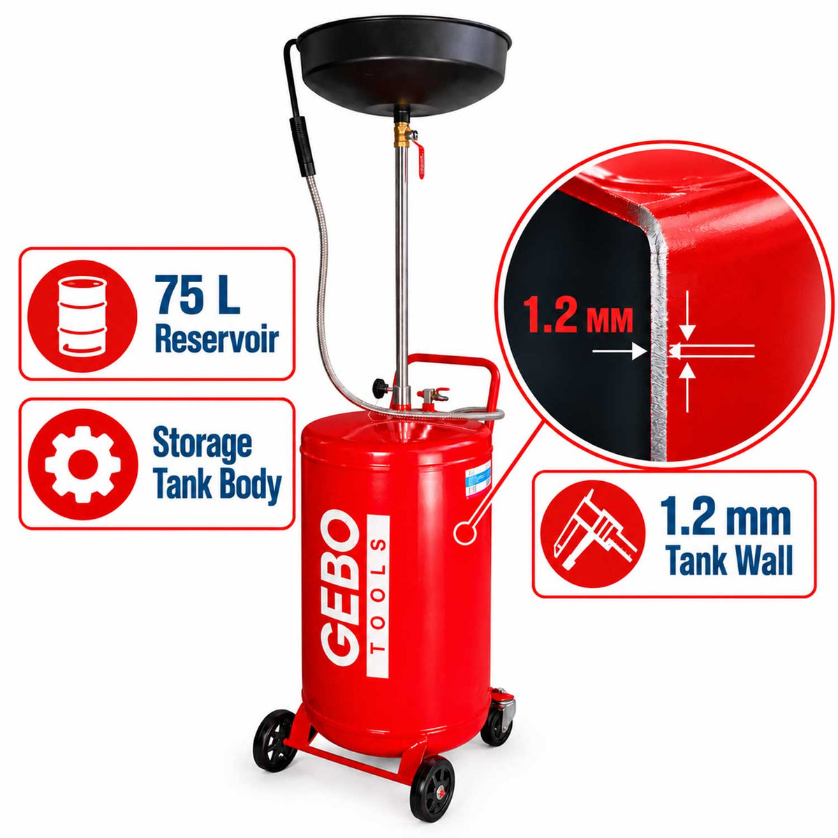 Recuperatore pneumatico per olio esausto da 75 litri con vasca di raccolta 10 litri, scarico a 6-8 bar, asta regolabile Gebo Tools