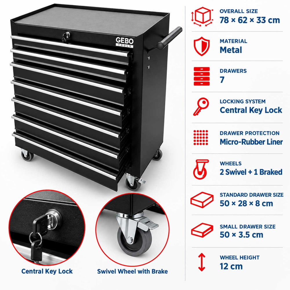 Armadio metallico senza attrezzi con 7 cassetti , carrello portautensili, cassetta portattrezzi mobile con ruote 78 X 62 X 33 cm ,nero,Gebo Tools