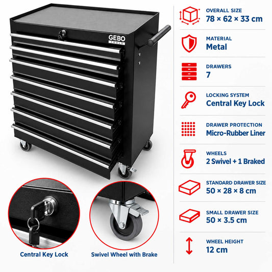 Armadio metallico senza attrezzi con 7 cassetti , carrello portautensili, cassetta portattrezzi mobile con ruote 78 X 62 X 33 cm ,nero,Gebo Tools