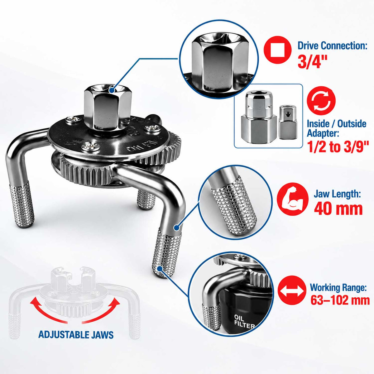 Chiave per la rimozione del filtro dell'olio, strumento a 3 griffe-ganasce-bracci, regolabile, 3/4'', adattatore universale interno-esterno da 1/2" a 3/9",diametro 63–102 mm modello 1 Gebo Tools