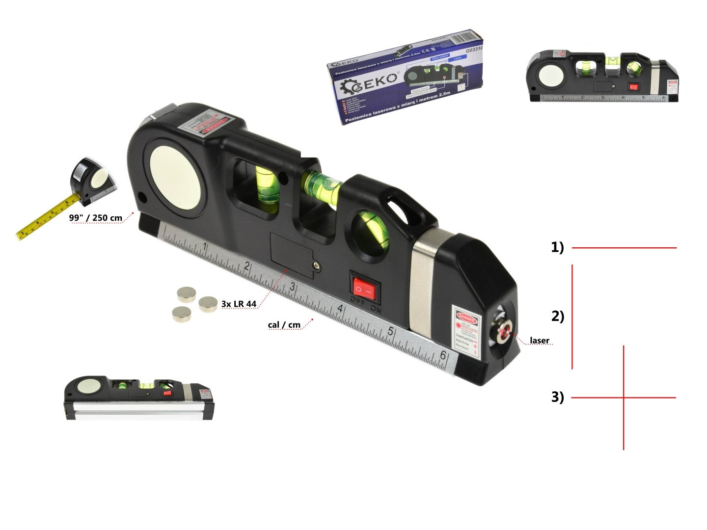 Livella laser multifunzionale, potente livella laser portatile con livella, doppia testa, metro a nastro, righelli standard e metrici con graduazioni, 2,5 m