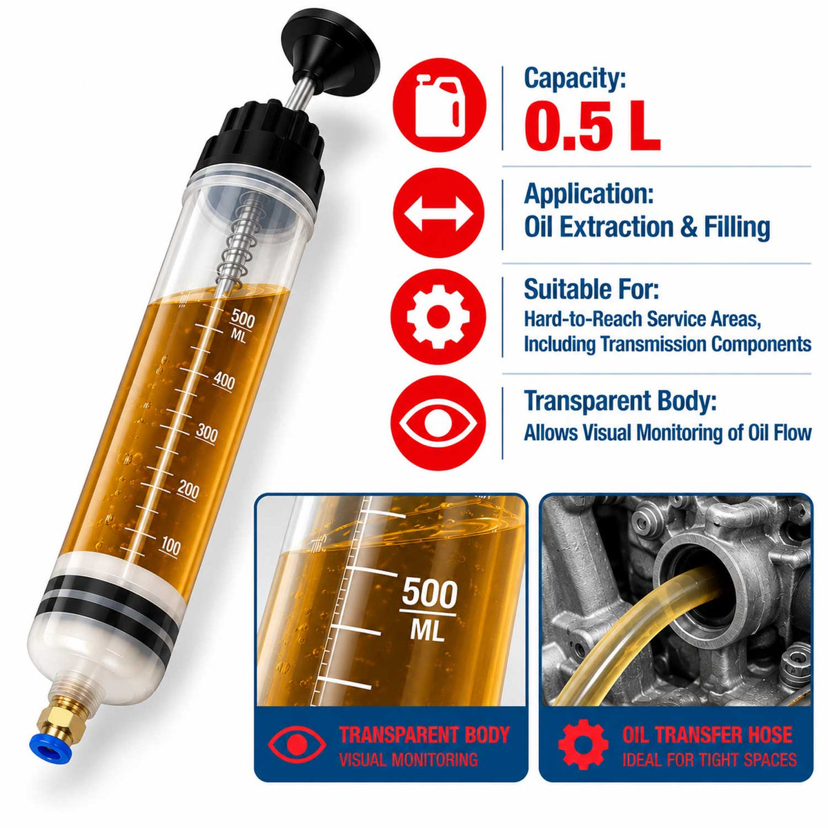 Pompa di aspirazione e scarico dell’olio, con funzionamento manuale, da 0.5 litri Gebo Tools