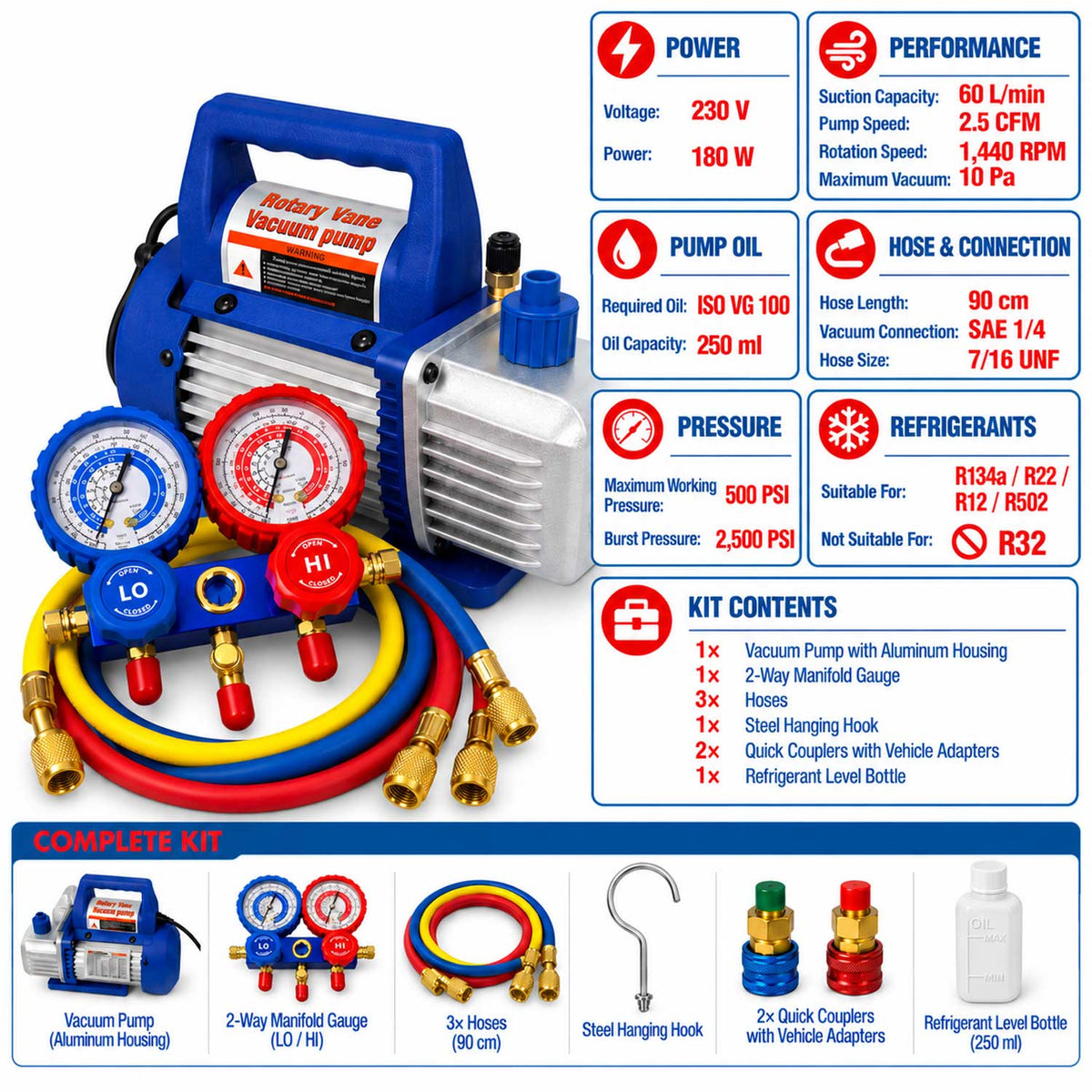 Set-kit pompa vuoto per condizionatori con manometri per HVAC/auto AC, ricarica aria condizionata per R134a, R22, R12 R502 refrigeranti,  70l/min a 2 vie, Gebo Tools