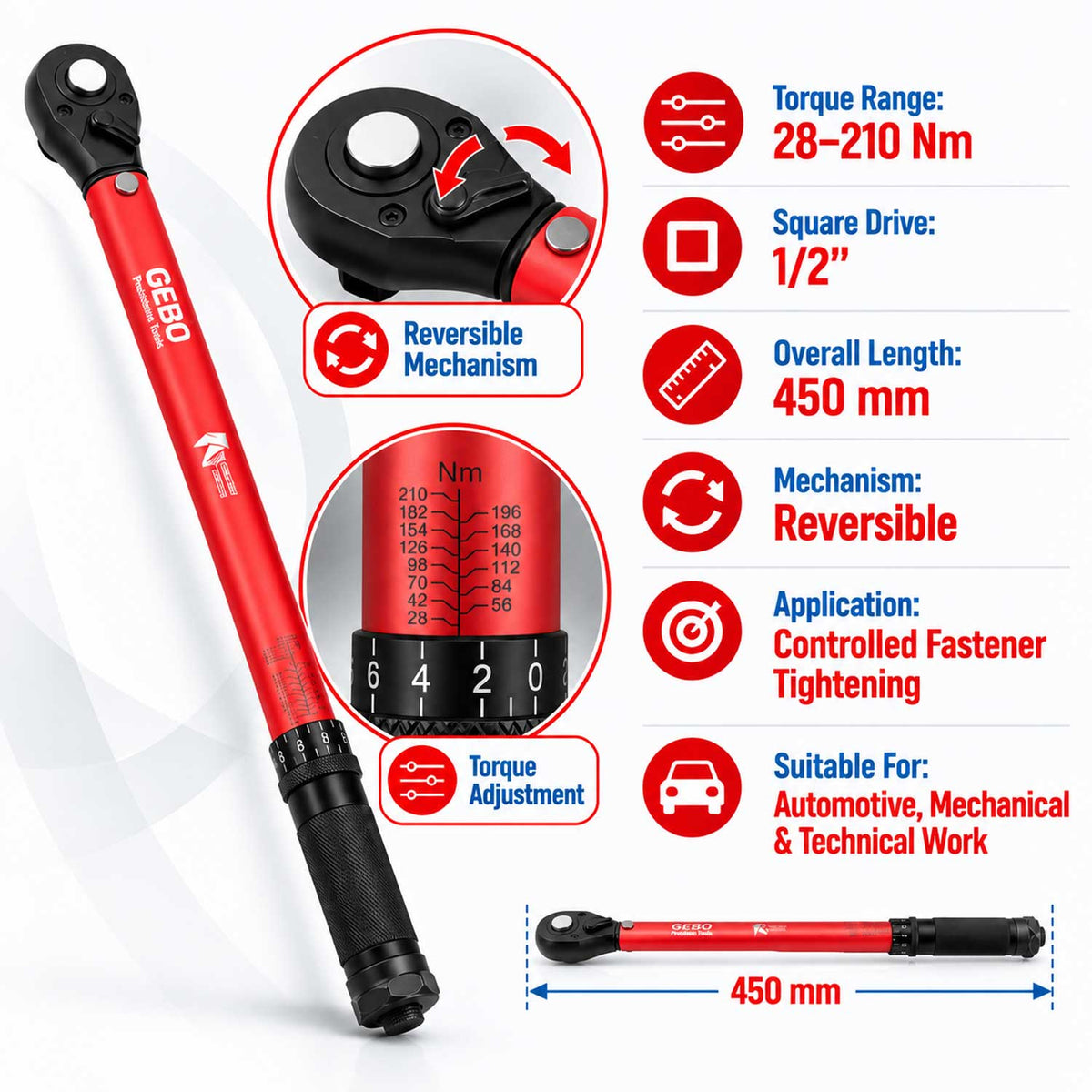Chiave dinamometrica 1/2" 28-210 Nm Gebo Tools