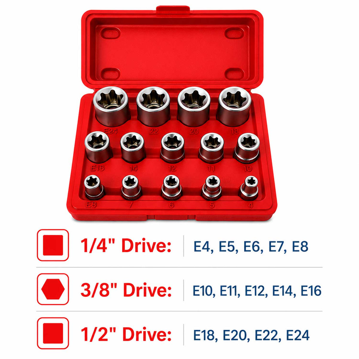 Set-kit bussole E-Torx, 1/2" 1/4" 3/8", E4-E24 ,14 pezzi Gebo Tools