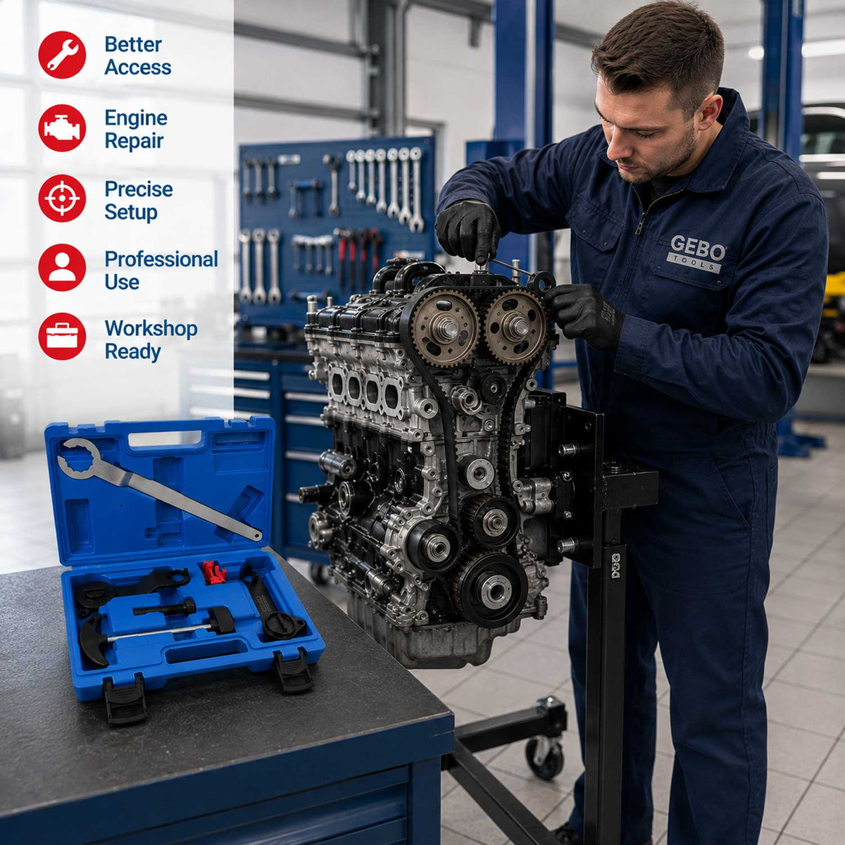 Kit-set messa in fase motori, attrezzi per il bloccaggio della cinghia di distribuzione dell'albero a camme del motore, compatibile con VAG 1.0 1.2 1.4 TSI TFSI TGI Gebo Tools
