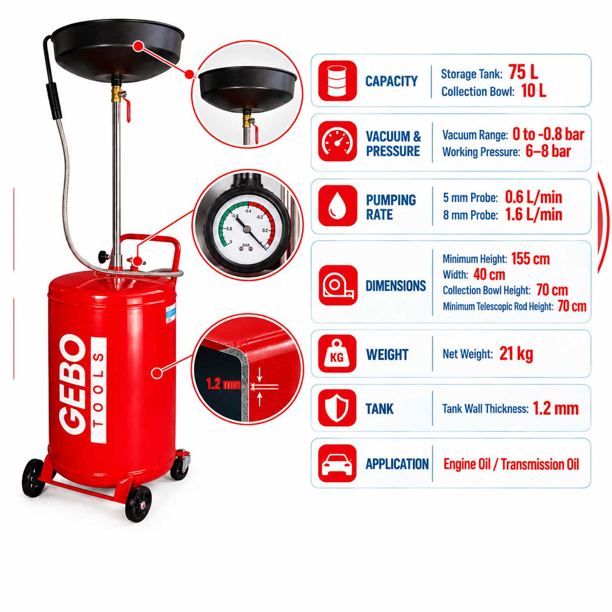 Recuperatore pneumatico per olio esausto da 75 litri con vasca di raccolta 10 litri, scarico a 6-8 bar, asta regolabile Gebo Tools