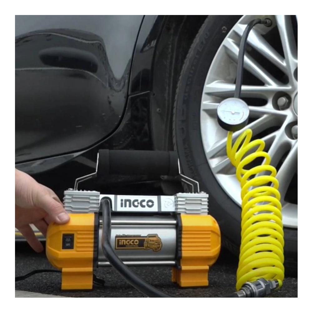 Compressore d'aria da 12 V, gonfiatore per pneumatici a doppio cilindro,kit di gonfiaggio per pneumatici, pompa d'aria fuoristrada per suv, camion, auto, biciclette, palloni, materassi ad aria, barche gonfiabili, con 3 adattatori e borsa in tela, Ingco