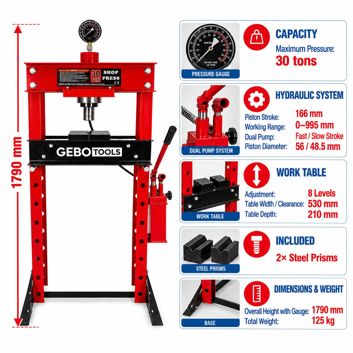 Pressa idraulica da officina 30 tonnellate a telaio per cuscinetti con manometro, a doppia azione,  Gebo Tools