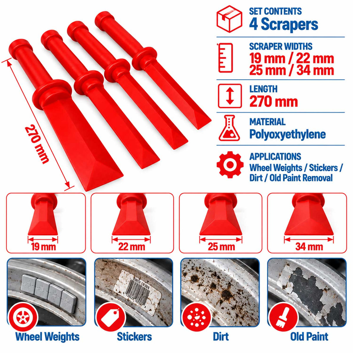 Set-kit raschietto a scalpello in plastica per riparazione pneumatici-rimozione peso ruote-per adesivi sigillanti guarnizioni colla 4 pezzi Gebo Tools