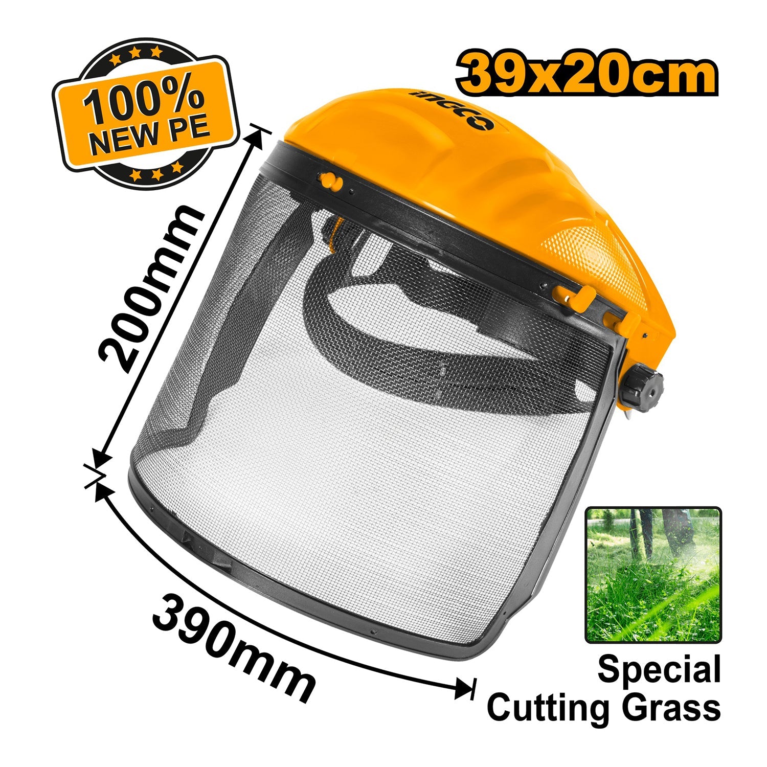 Visiera in rete in polipropilene, visiera decespugliatore, maschera protettiva a rete, protezione per viso e occhi, scudo facciale protettivo, giardinaggio casco sicurezza, 39 × 20 cm Ingco