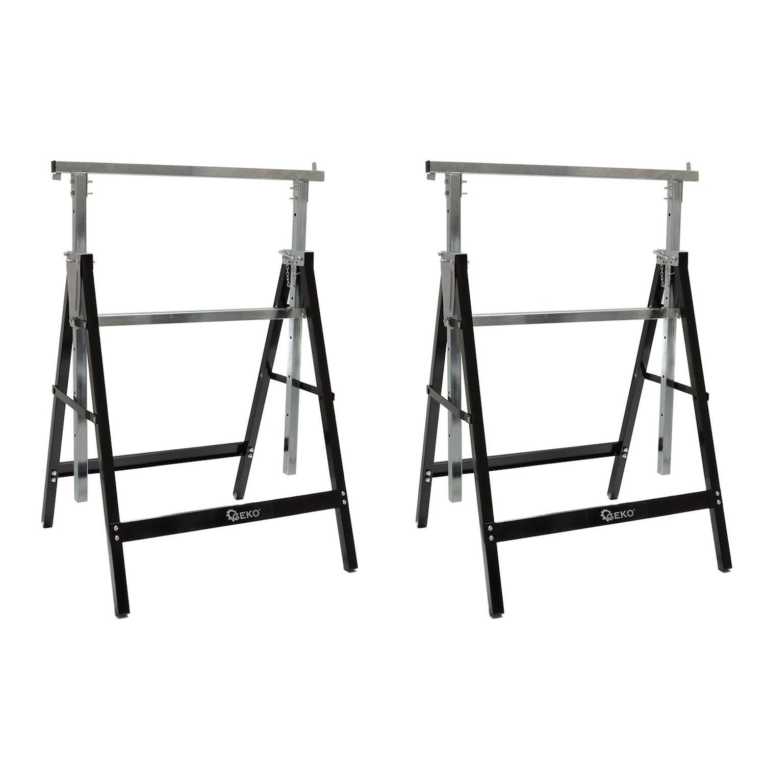 Set 2 cavalletti da lavoro pieghevoli telescopici in acciaio, banco da lavoro pieghevole, regolabile 6 altezze, altezza 80–130 cm, cavalletti telescopici salvaspazio in acciaio per fai da te, garage, giardino, taglialegna, cantiere, nero Geko