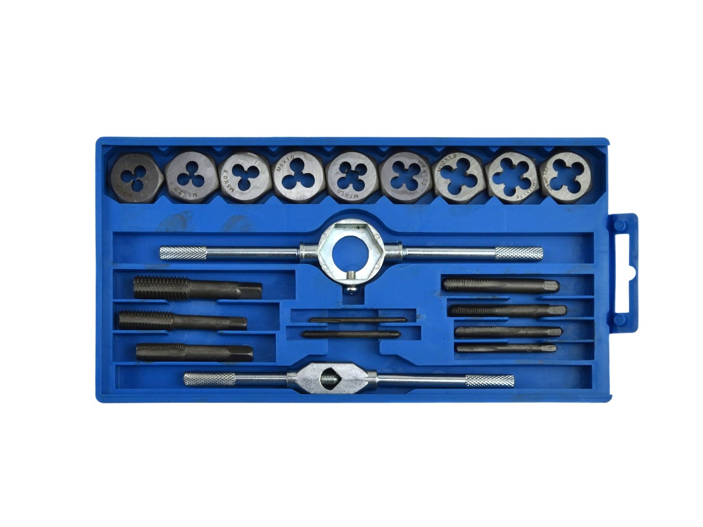 Set maschi e filiere metriche 20 pezzi. Completo da M3 a M12 con giramaschi e accessori calibro di filettatura