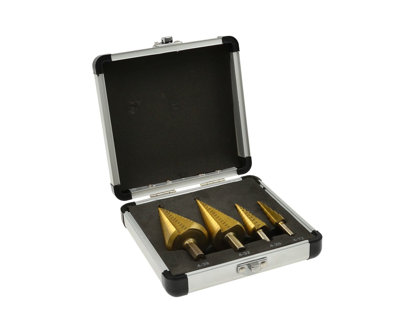 Set 4 punte coniche, fresa conica trapano a gradini, punte con gambo e 1 punzone centrale, HSS TiN (4-12 / 4-20 / 4-32 / 4-39 mm) - Geko