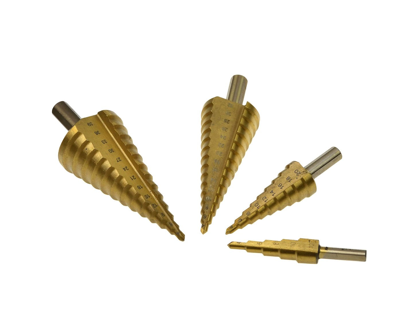 Set 4 punte coniche, fresa conica trapano a gradini, punte con gambo e 1 punzone centrale, HSS TiN (4-12 / 4-20 / 4-32 / 4-39 mm) - Geko
