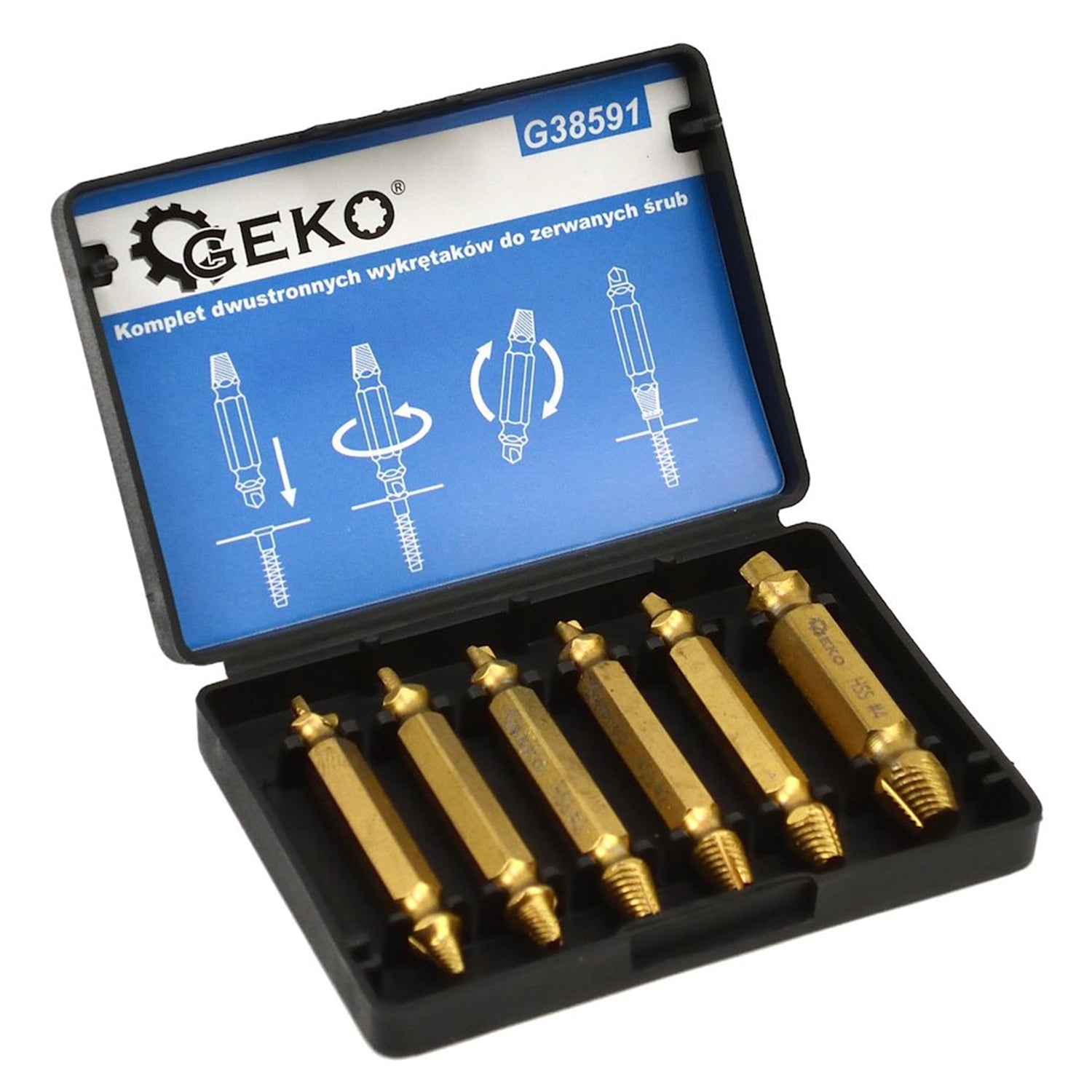 Set di estrattori per viti, 6 pezzi, estrattore a sinistra con codolo esagonale, rivestito in HSS TiN, oro, Geko