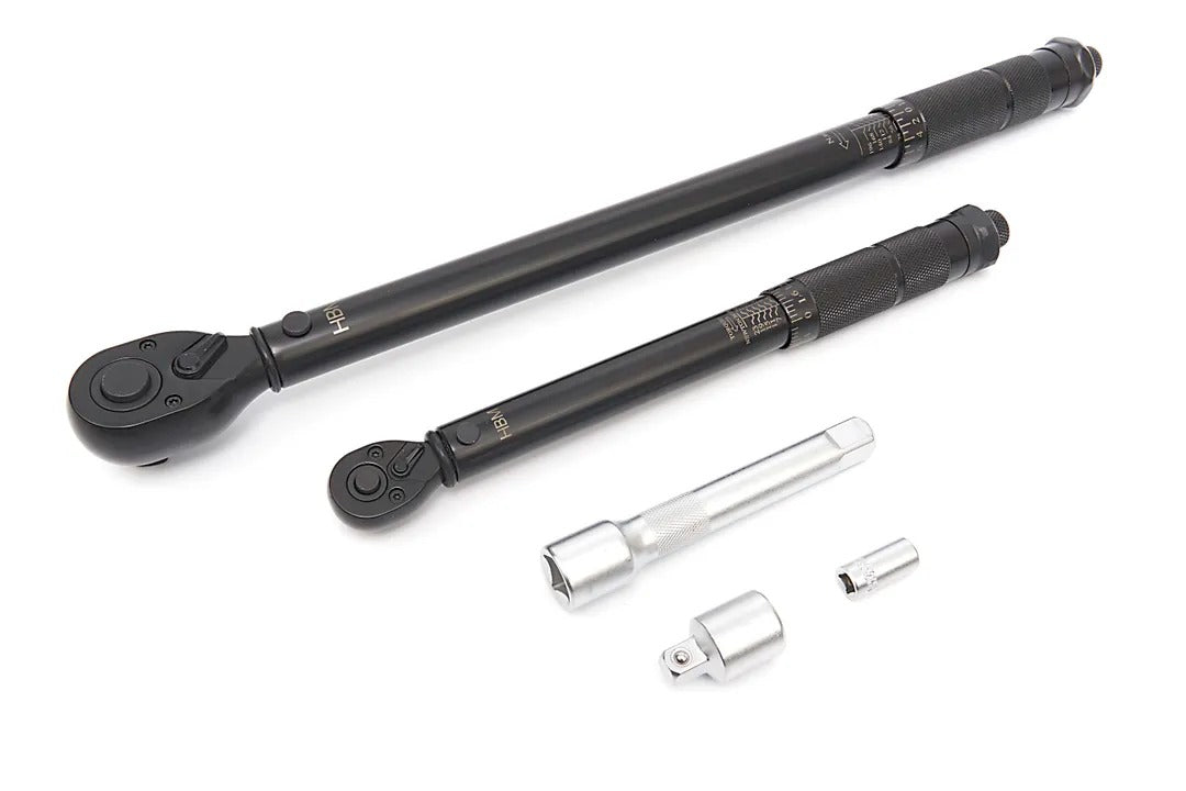 Set chiavi dinamometriche 5 pezzi, 1/4” (5–25 Nm) e 1/2” (2–210 Nm), con prolunga 125 mm e adattatore, cricchetto chiavi momento chiave, HBM Olanda