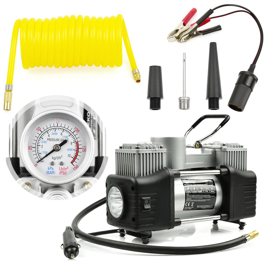 Compressore d'aria da 12 V, gonfiatore per pneumatici,kit di gonfiaggio per pneumatici da 85 l/min con torcia, pompa d'aria per auto, biciclette, palloni, materassi ad aria, barche gonfiabili, Geko