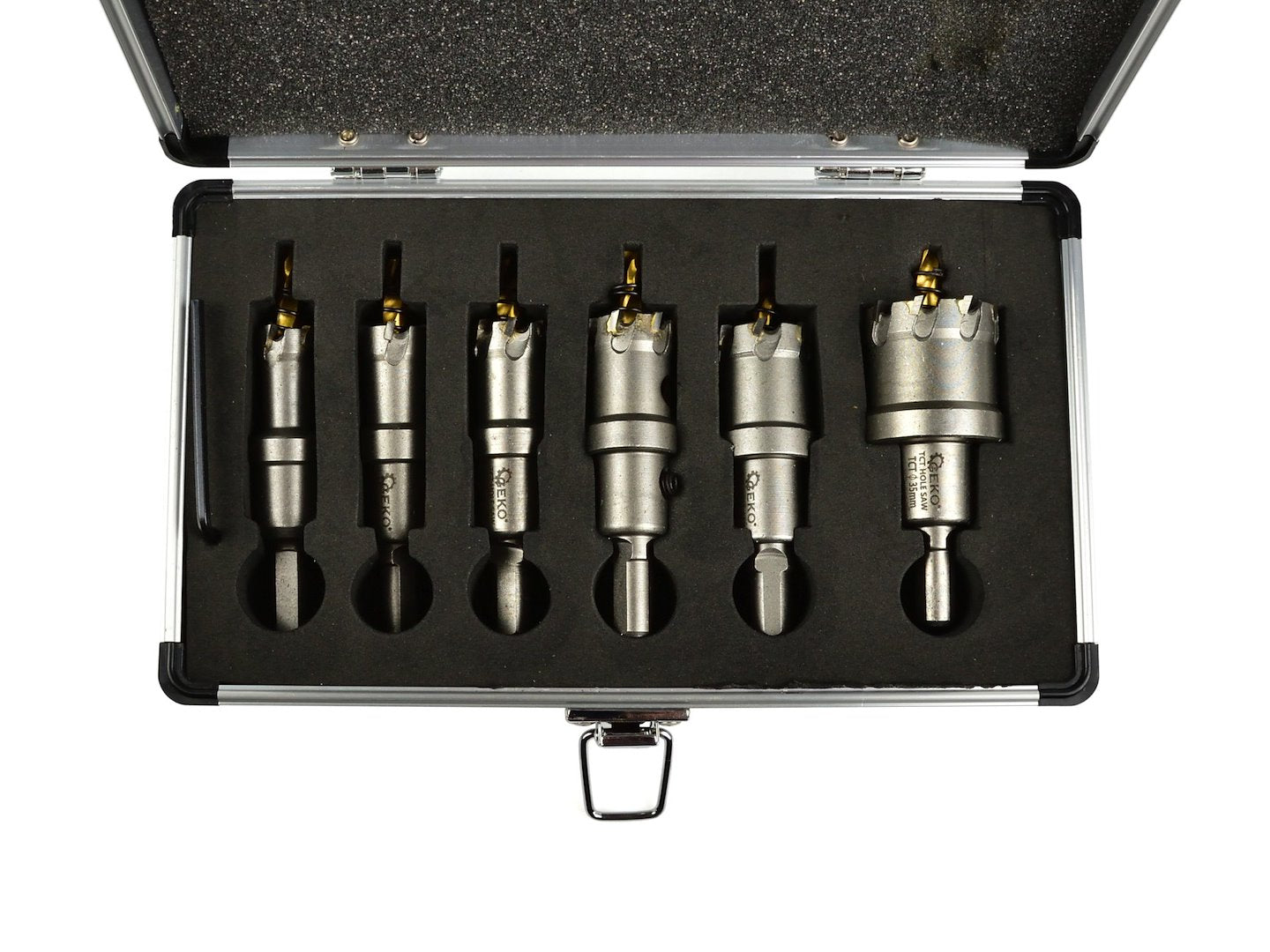 Kit di 6 seghe a tazza TCT con punta in carburo di tungsteno, 16-35 mm, punte per trapano con punta pilota placcata in titanio, per metallo, acciaio, ferro, legno, plastica, ghisa, metalli non ferrosi, Geko