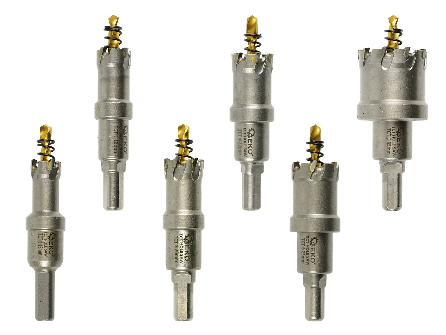 Kit di 6 seghe a tazza TCT con punta in carburo di tungsteno, 16-35 mm, punte per trapano con punta pilota placcata in titanio, per metallo, acciaio, ferro, legno, plastica, ghisa, metalli non ferrosi, Geko