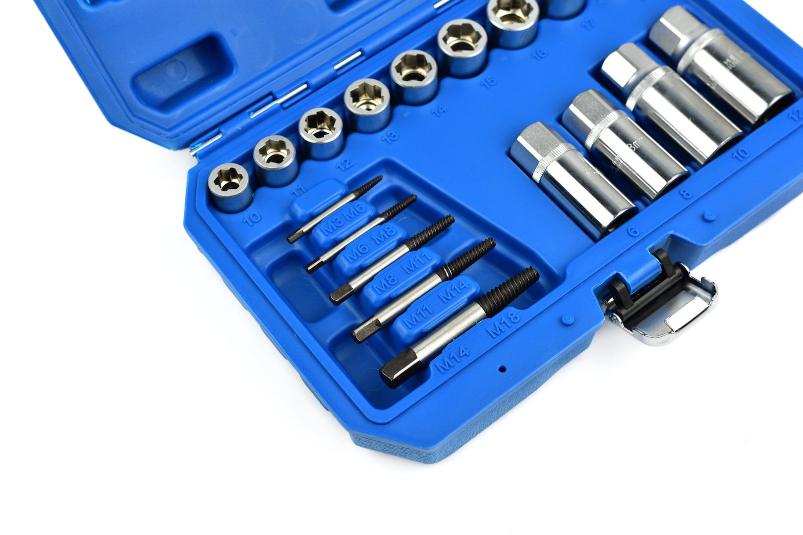 Set di estrattori di bulloni, 18 pezzi set di rimozione di bulloni e dadi a impatto, estrattore di dadi spelati, set di bussole di estrazione per la rimozione di bulloni danneggiati, viti per dadi, 3/8" 1/2", 6–19 mm, M3–M18, Cr-V