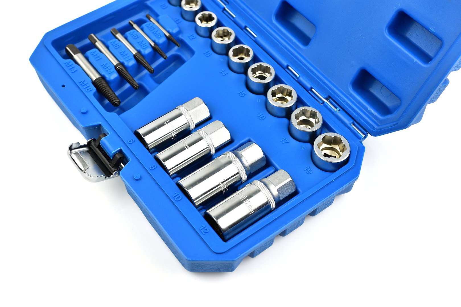 Set di estrattori di bulloni, 18 pezzi set di rimozione di bulloni e dadi a impatto, estrattore di dadi spelati, set di bussole di estrazione per la rimozione di bulloni danneggiati, viti per dadi, 3/8" 1/2", 6–19 mm, M3–M18, Cr-V