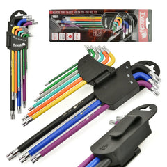 Chiavi Torx lunghe ad L set 9 pezzi, acciaio S2, colorate, set chiavi Torx extra lunghe in pratico supporto, T10 - T50, Tvardy