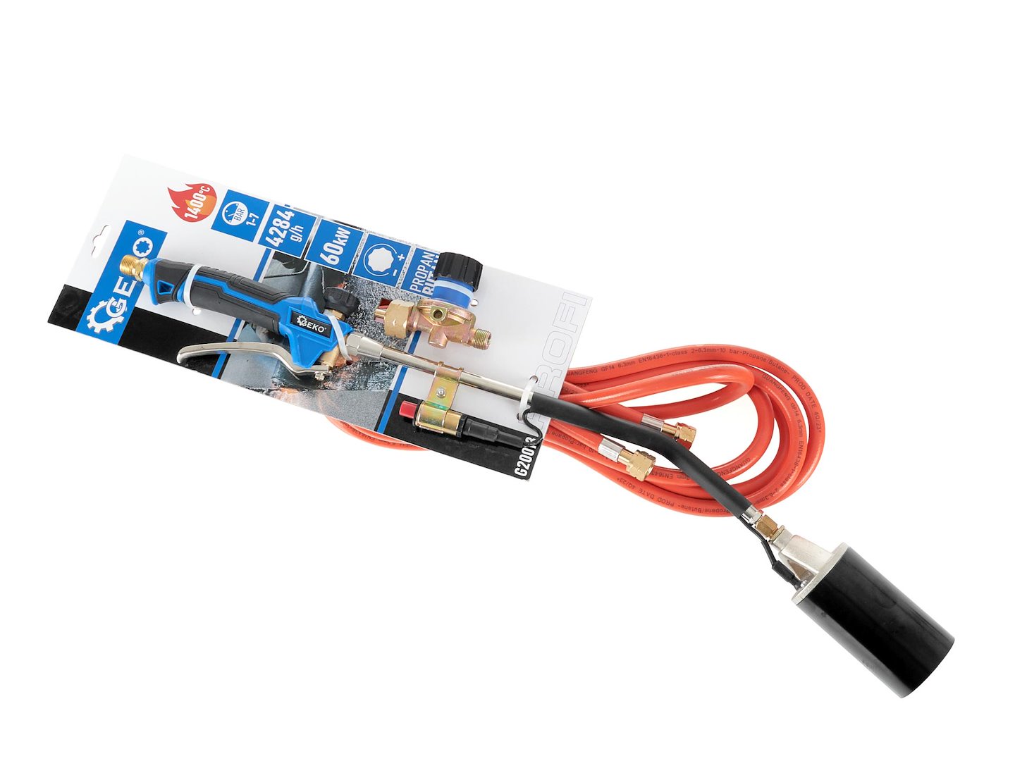 Saldatore/cannello bruciatore a gas con leva 70 cm e tubo 5 m, diametro becco: 57 mm interno, esterno 60 mm Geko kit saldatura