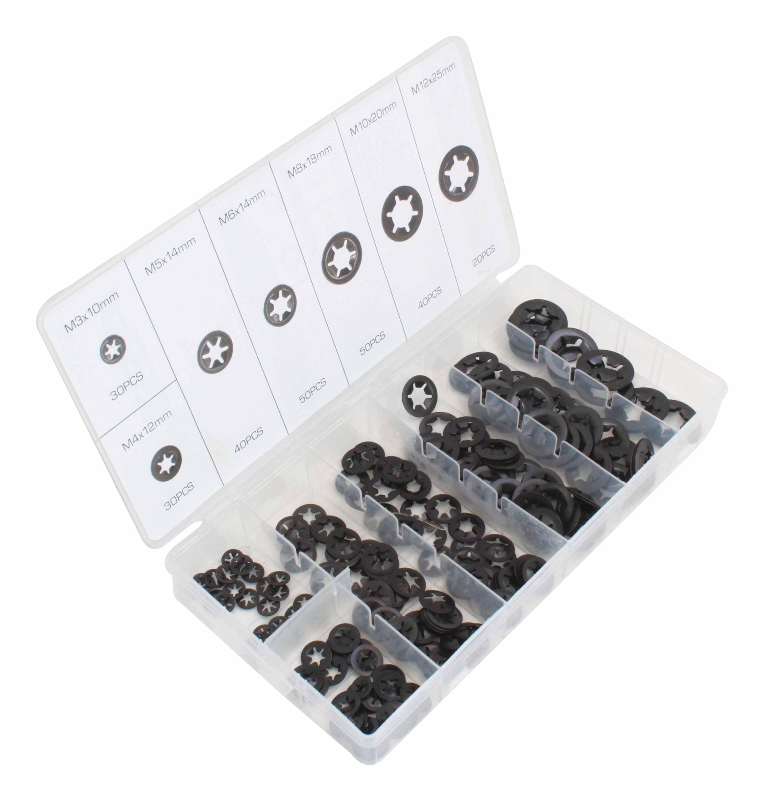 Set di rondelle di bloccaggio, rondelle di serraggio con denti interni, anelli di sicurezza con fermo rapido, kit assortito - M3-M12 260 pezzi