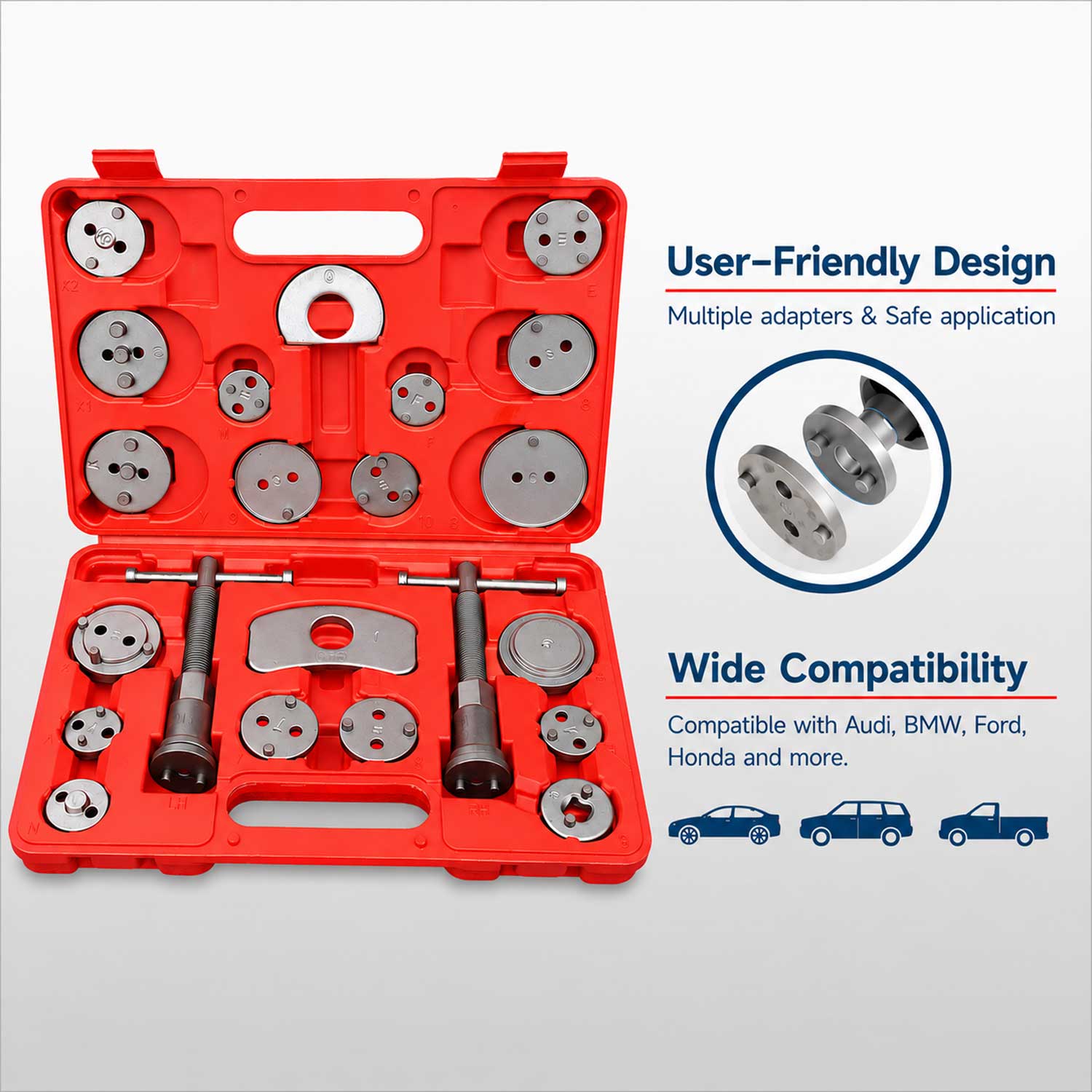 Set ripristino per pinze freno, strumento universale per la retrazione del pistone del freno, kit attrezzi rimozione dei pistoni dei freni anteriori e posteriori, auto garage ,22 pezzi Gebo Tools