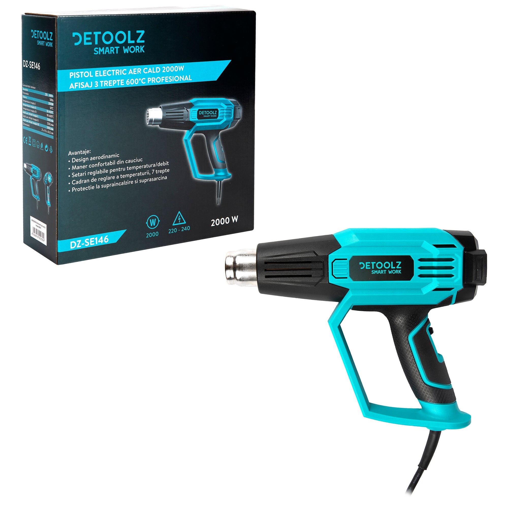 Pistola ad aria calda 2000w con 3 livelli di velocita', 0–600 °C, termosoffiatore elettrico