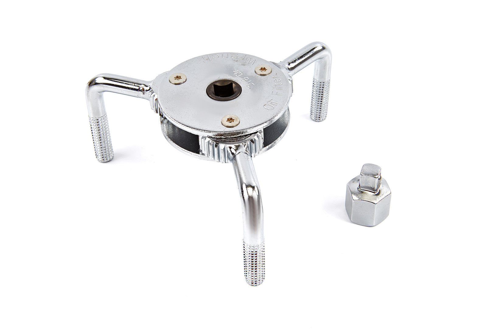 Chiave per la rimozione del filtro dell'olio, strumento a 3 griffe-ganasce-bracci, regolabile con connessione 3/4", adattatore interno-esterno da 1/2" a 3/9", adattatore chiave filtro olio universale filtro rimovibile diametro 63–102 mm modello 1
