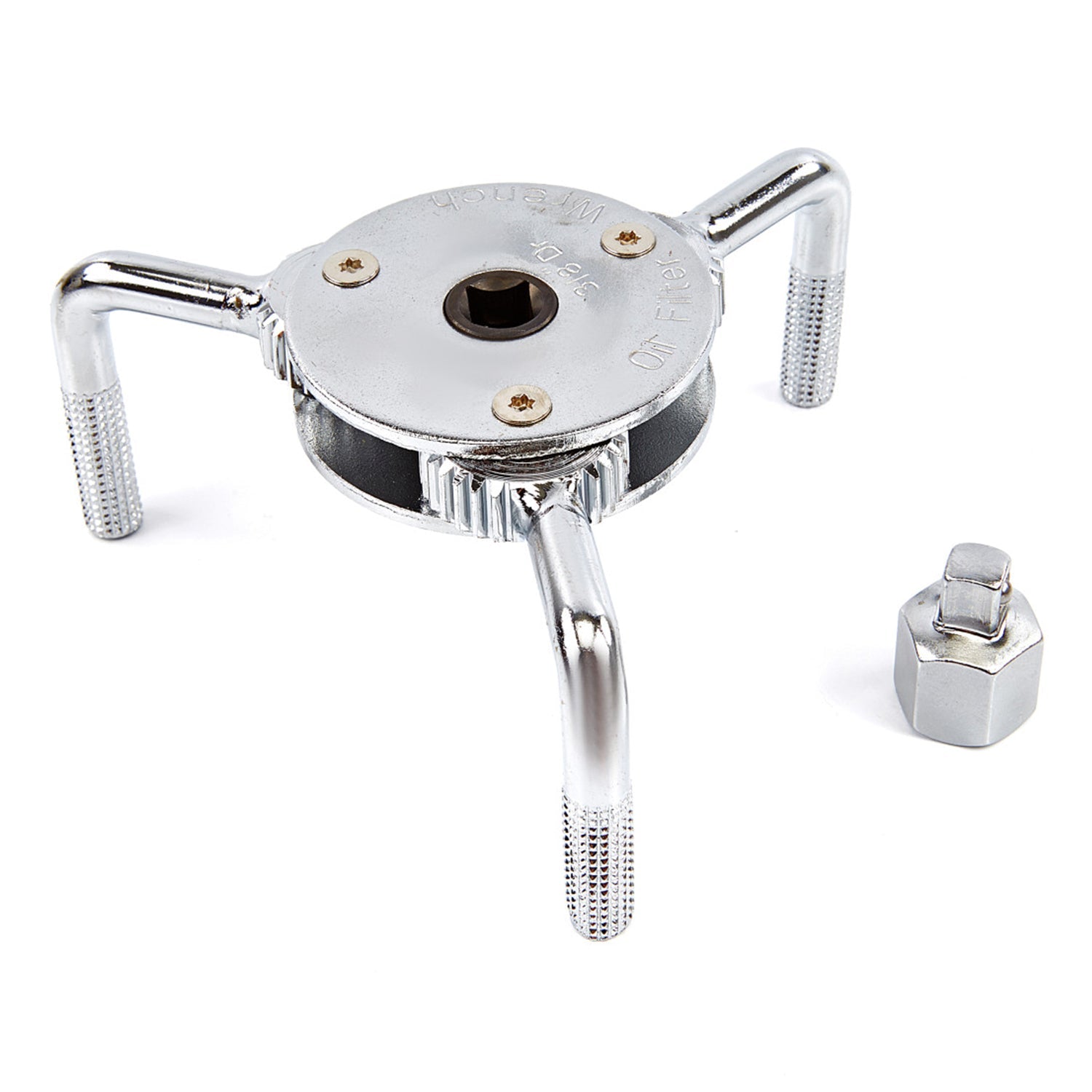Chiave per la rimozione del filtro dell'olio, strumento a 3 griffe-ganasce-bracci, regolabile con connessione 3/4", adattatore interno-esterno da 1/2" a 3/9", adattatore chiave filtro olio universale filtro rimovibile diametro 63–102 mm modello 1